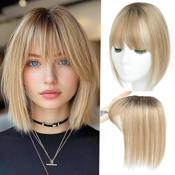 Hair Toppers for Women Real Human Hair Toppers for Women with Thinning Hairs Clip in Bangs 10 inch Swiss Base Hairpieces Loss Cover(Medium Brown to Creamy Iced Blone)#4T1016