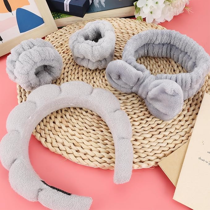 Zkptops 6Pcs Spa Headband for Washing Face Wristbands Set Women Bubble Skincare Makeup Sponge Terry Cloth Padded Puffy Headband Bow Tie Hairband Cute Non Slip Thick Hair Accessory Gifts (Grey)