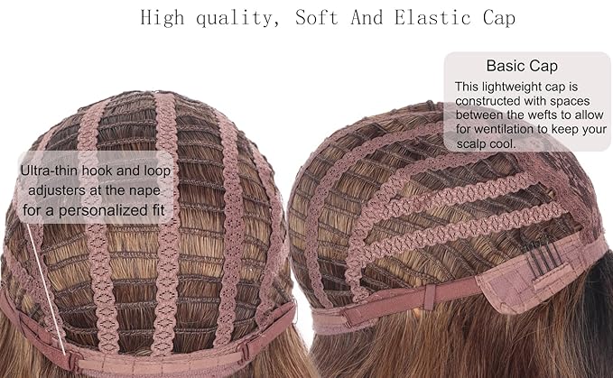 Ombre Brown Wavy Wigs With Bangs, Medium Long Synthetic Hair Replacement Wigs for Daily Use, 18 Inch