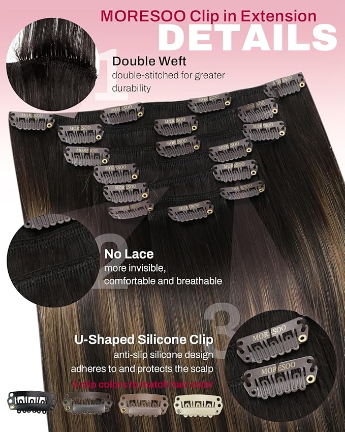 Moresoo Clip in Hair Extensions Balayage Brown Real Hair Extensions Clip in Human Hair Dark Brown Mixed with Chestnut Brown Ombre 7pcs/120g 22 Inch