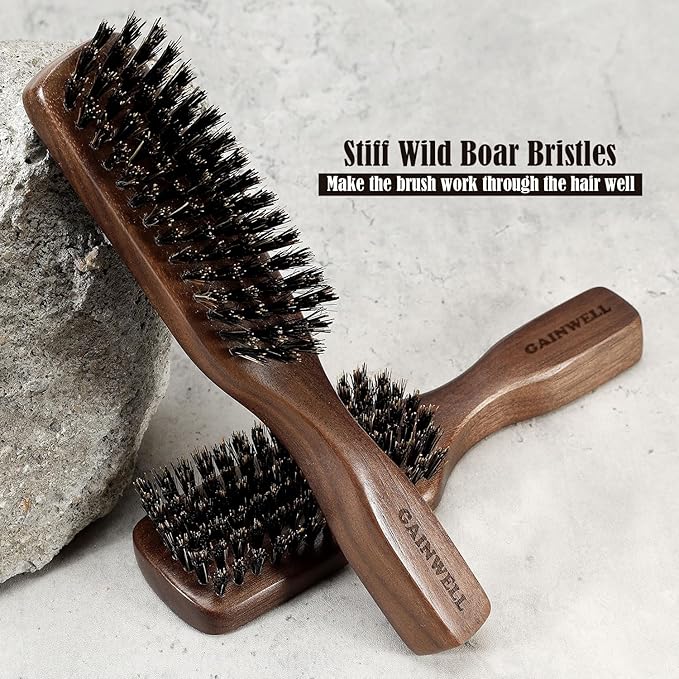 Wild Boar Bristle Hair Brush for Men - Slick Back Hair Brush - Stiff Boar Bristles for Thick Hair, Natural Black Walnut Wooden Handle Hairbrush, Beard Mustache Brush by GAINWELL