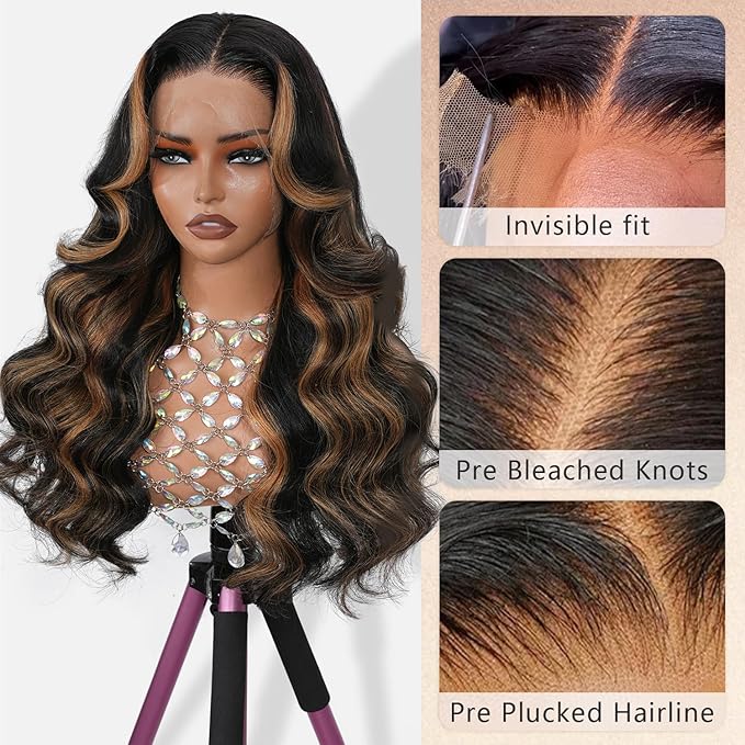 Body Wave Highlight Ombre Lace Front Wig Human Hair 13x4 Full Frontal Lace Wig Skinlike Swiss HD Lace 0.10mm Ultra-thin Invisible 200 Density 100% Real Human Hair Pre-plucked Tiny Knots Balayage Brown