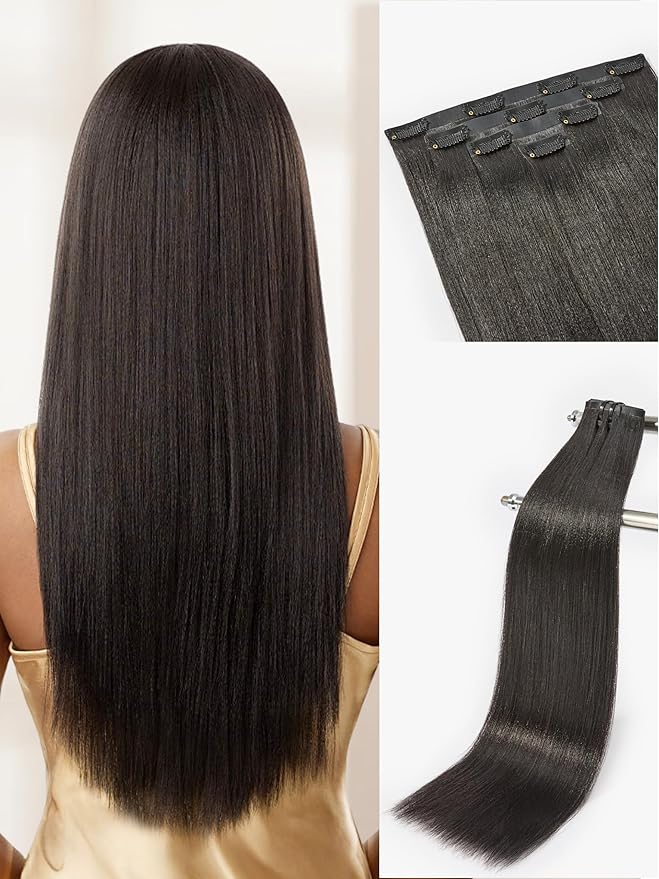 LUVME Yaki Straight Seamless 70g 4Pcs Clip in Hair Extensions Full Max with 20inch Remy Human Hair Clip ins Extensions, Natural Black 100% Real Soft Hair