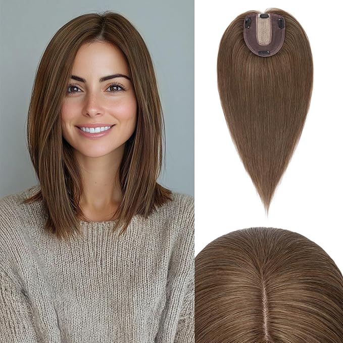 Rich Choices Hair Toppers for Women Real Human Hair 100% Human Remy Toppers NO Bangs for Women with Thinning on Top Clip in Hairpiece 4"x4.7"Lace Base 10 Inch #4R Natural Brown