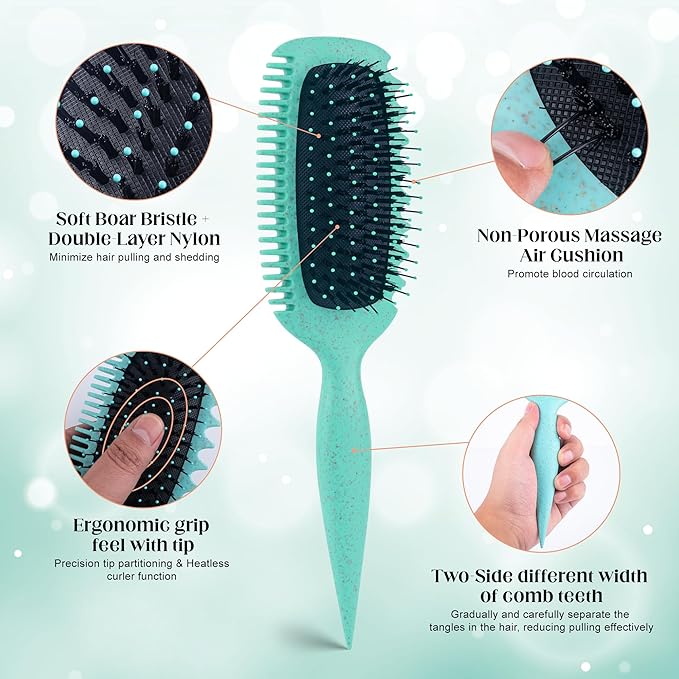 Curly Hair Brush for Detangling, Shaping and Defining Curls, Waves & Coils on All Light Wet or Dry Hair Types for Women and Men, Reduce Tangling, Curl Defining Brush, Cyan