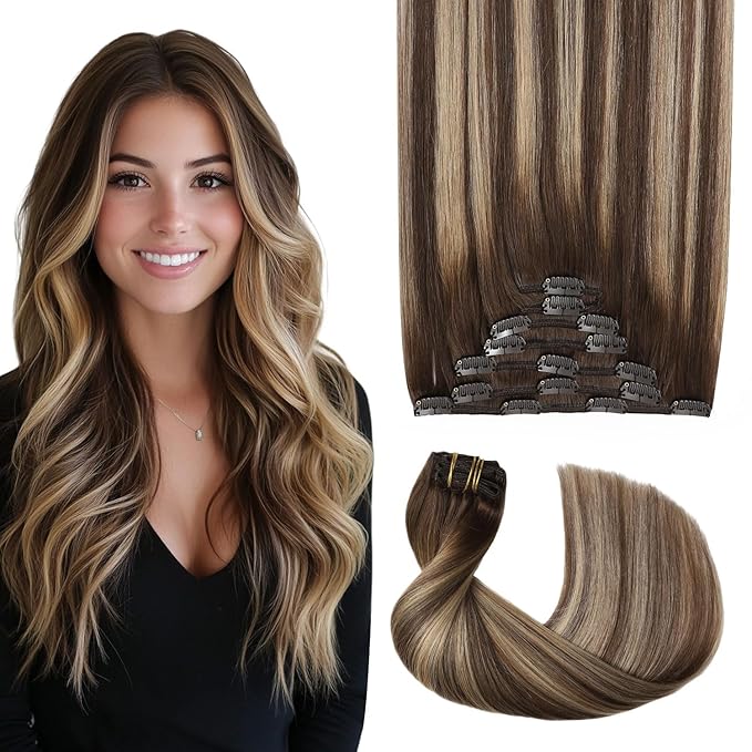 Pro2.0 Clip in Hair Extensions Real Human Hair 120g Thick 7pcs Color #4/27/4 Chocolate Brown to Caramel Blonde Remy Real Human Hair Extensions Clip ins 14inch Double Weft（#4/27/4-14inch）