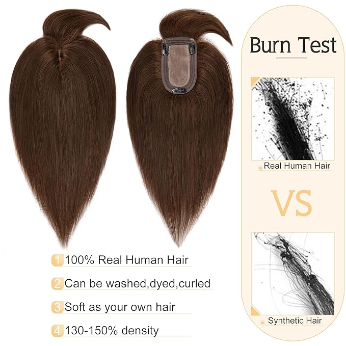 SEGO Hair Toppers for Women Real Human Hair With Bangs, 7 * 13CM Silk Base 100% Remy Human Hair Clip in Top Wiglet Hairpieces Add Volume -12 Inch Medium Brown