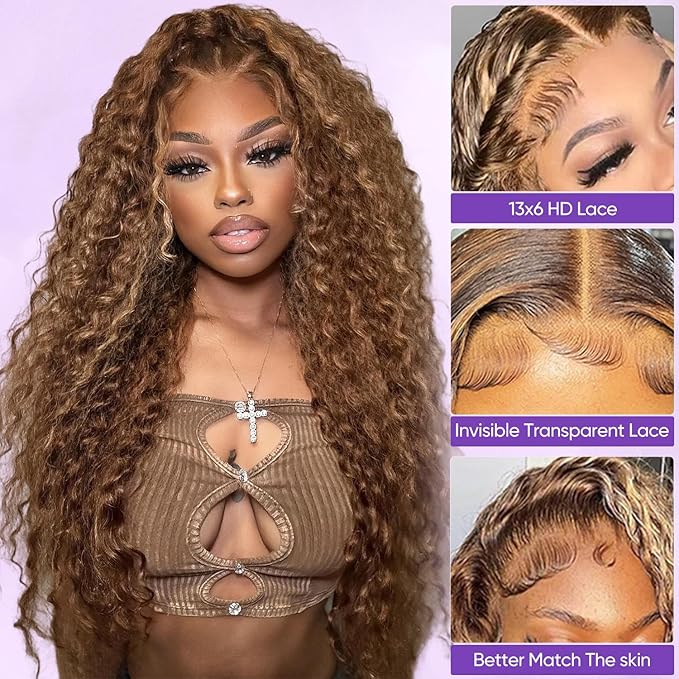 Highlight Ombre 13x6 Lace Front Wig Human Hair 210 Density 18 Inch Deep Wave Honey Blonde Glueless HD Transparent Lace Frontal Wigs for Women