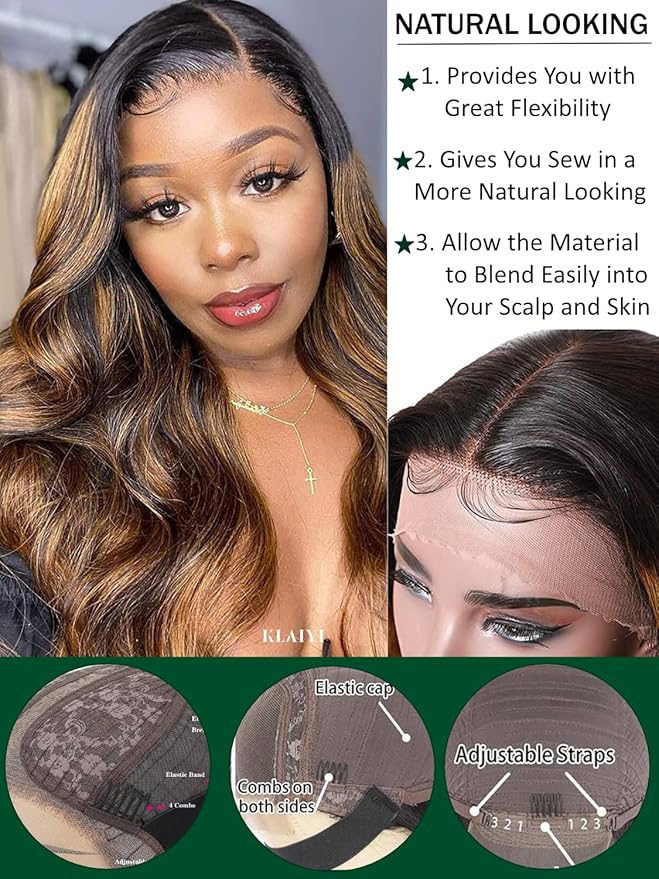 KLAIYI Ombre Brown Body Wave Lace Front Wigs Human Hair Highlight Balayage 13x4x1 T Part Ear to Ear Lace Wig Pre Plucked with Baby Hair Easy to Wear and Go Wigs for Black Women Natural Hairline 16Inch