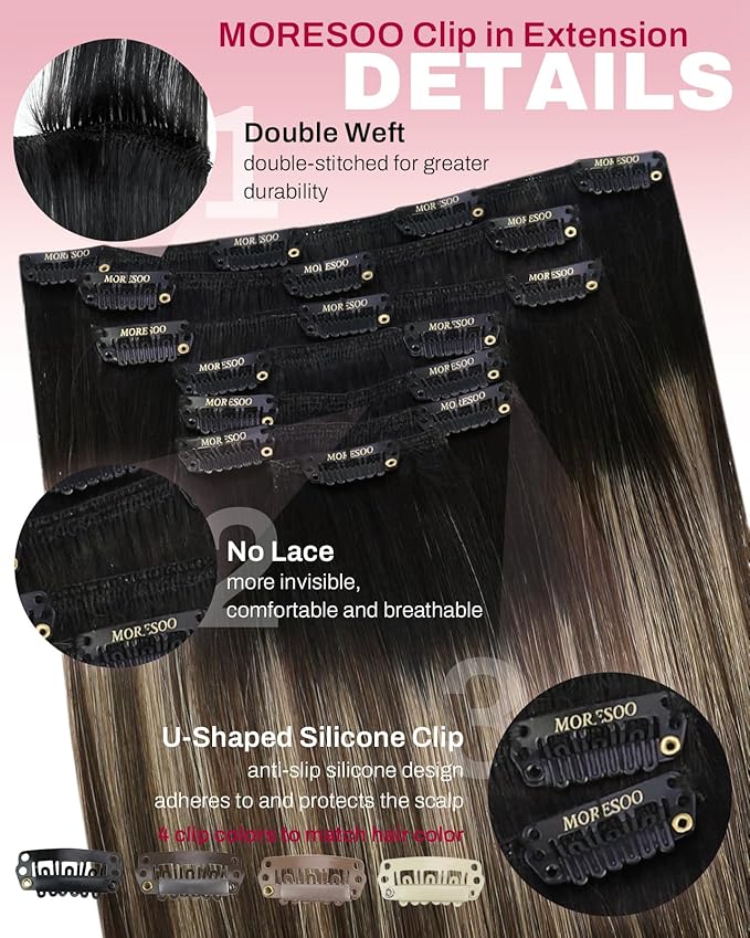 Moresoo Black to Blonde Ombre Clip in Hair Extensions 24 inch Human Hair Clip in Extensions Balayage Natural Black to Dark Brown with Dark Golden Blonde Straight 120g/7pcs 24in