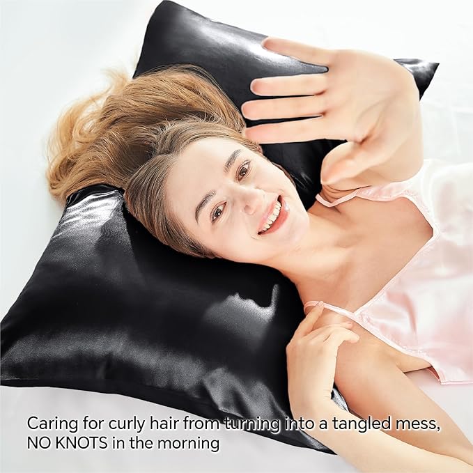 BEDELITE Satin Pillowcase with Zipper, Black King Size Pillow Cases Set of 2, Super Soft and Cooling Similar to Silk Pillow Cases, Gift for Women Men(20x36 Inches)