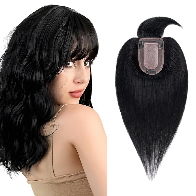 SEGO Hair Toppers for Women Real Human Hair with Thinning Hair, Toppers Hair Pieces Clip in Toppers Straight Hair Pieces with Front Bangs 150% Density Silk Base -14 Inch #1 Jet Black