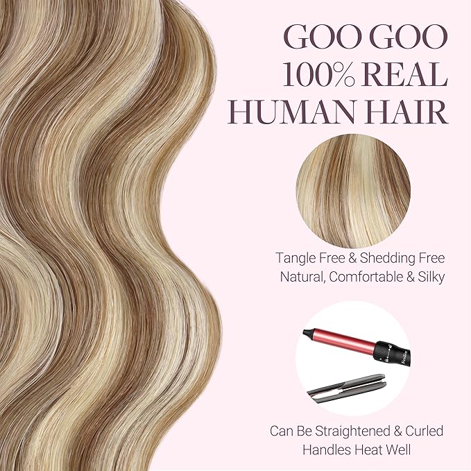 GOO GOO Tape in Hair Extensions Human Hair, 8B/60B Golden Blonde Highlights, 16inch 50g 20pcs, Skin Weft Seamless Invisible, Silky Straight with Thick Ends, Remy Human Hair