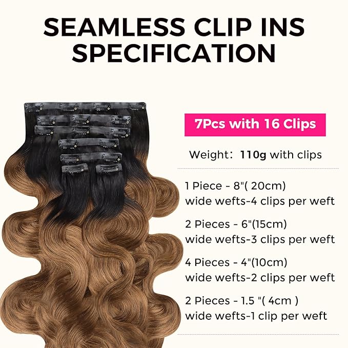 Lashey Seamless Clip in Extensions 110g 7pcs Body Wave Ombre Natural Black to Medium Auburn Clip in Hair Extensions Human Hair 20 Inch Natural Soft Hair Extensions for Women
