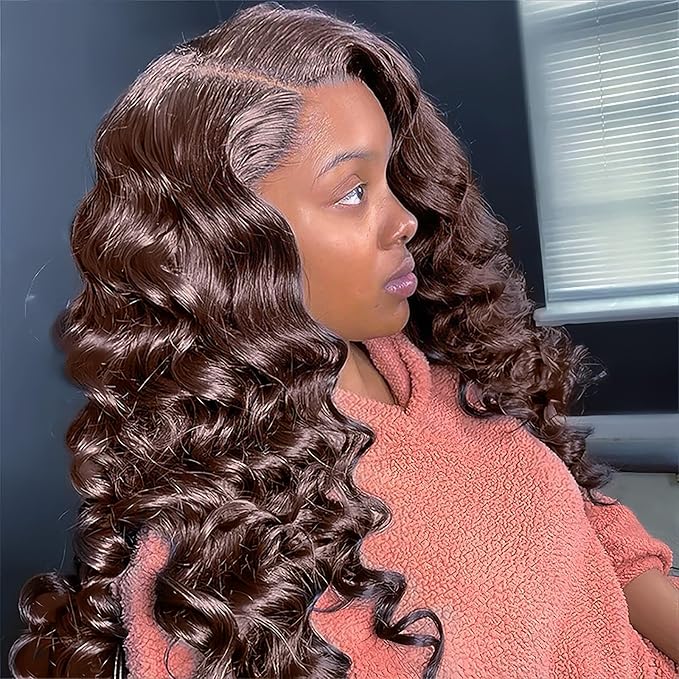 MEIMEI 13x6 Loose Wave HD Lace Front Wigs Human Hair 200 Density Chocolate Brown 100% Real Human Hair 15A Loose Deep Wave Wig Pre Plucked, No Synthetic Blend No Tangle No Shedding Triple Lifespan 3X