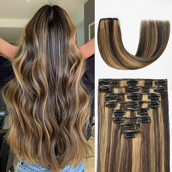 Clip in Hair Extensions Real Human Hair, 20 Inch 105g, 2/6 Dark Brown to Chestnut Brown, Invisible Seamless Remy Human Hair Clip in Extensions for Women 8pcs Per Set with Double Weft