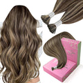 YoungSee I Tip Hair Extensions Highlight I Tips Hair Extensions Real Human Hair Dark Brown Highlights Blonde Tip Hair Extension for Women 16 Inch 50g 80s