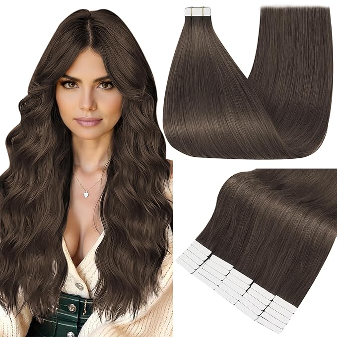 Full Shine Hair Extensions Real Human Hair Tape in Color 1C Mocha Brown 14 Inch Straight Invisible Seamless Tape in Hair Extensions Human Hair 50g Natural Soft and Silky 20PCS for Party