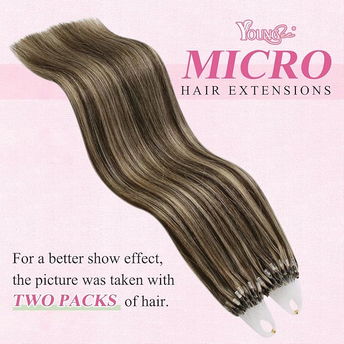 YoungSee Micro Link Hair Extensions Human Hair Highlight Micro Loop Hair Extensions Real Human Hair Dark Brown Highlighted Blonde Invisible Beaded Hair Extension Long Hair 24In for Wedding 50g 50s