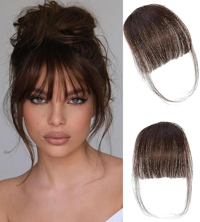 Clip in Bangs Dark Brown Color 100% Real Human Hair Wispy Clip on Bangs Extensions Fringe with Temples Hairpieces for Women