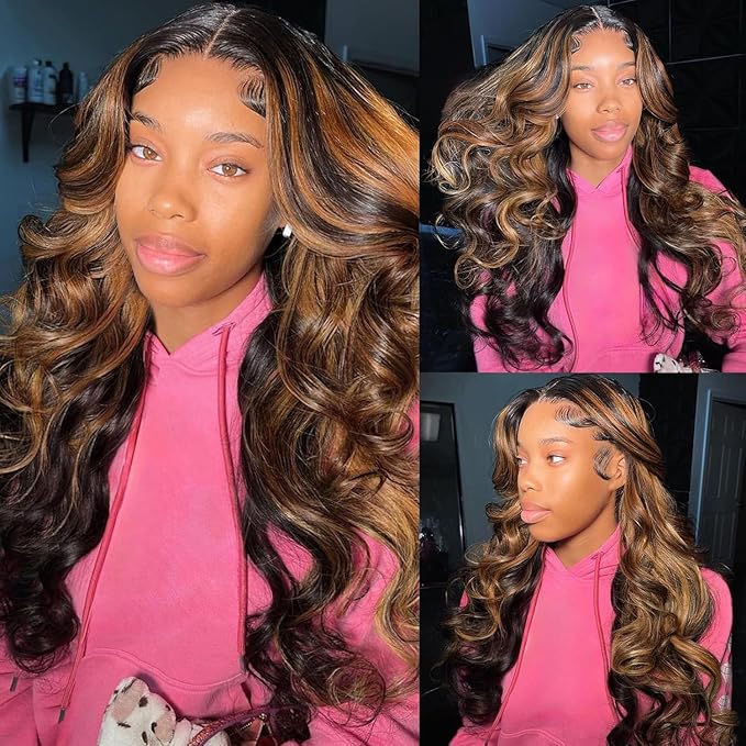 Body Wave Lace Front Wigs Human Hair 1B/30 Highlight Ombre Lace Front Wig Human Hair 13x4 Transparent Lace Frontal Black with Brown Highlight Wig for Women 200 Density Glueless Wigs 24 Inch
