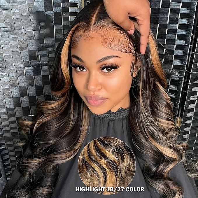 Bob Wig Human Hair 13x6 Balayage Highlight Body Wave HD Lace Front Wigs Human Hair Pre Plucked 200% Density Colored 1B/27 Ombre Honey Blonde Frontal Lace Wig 14 Inch Glueless Short Bob Wigs for Women
