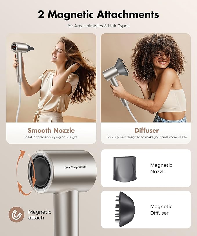 Cosy Companions Hair Dryer, 150000RPM High-Speed Hairdryer for Fast Drying, Low Noise, HD Display, 5 Temps & 2 Speeds, 500 Million Negative Ionic Blow Dryer, Gold