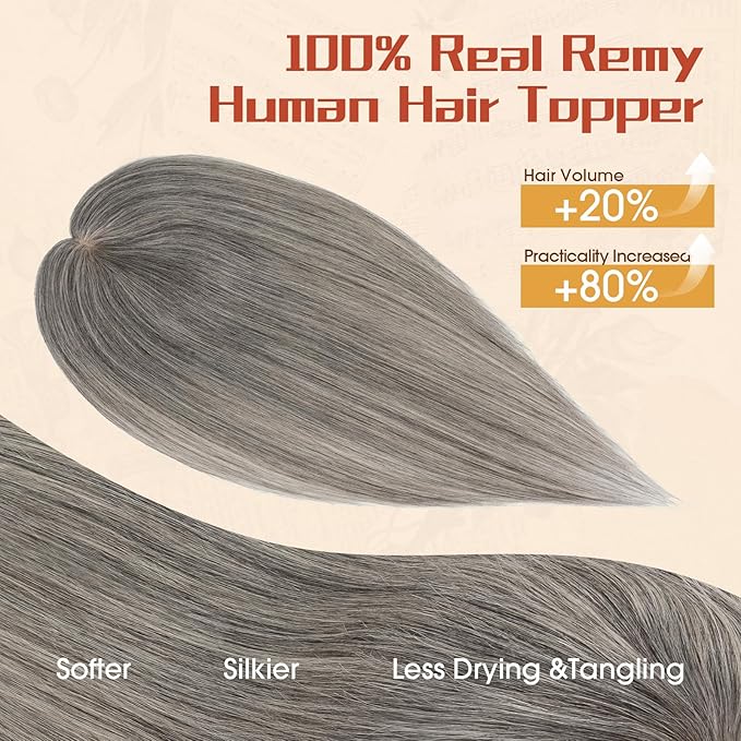 Rich Choices Human Hair Toppers for Women-100% Real Remy Hair Topper No Bang-Upgraded 150% Density 9 * 12CM Lace Base-Clip in Hairs Topper for Thinning Hairs-12Inch #G2 Grey