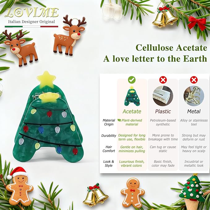 XMAS Original Italian Designed Small Hair Clips for Women, Strong Grip Acetate Hair Claw for Girls, Cute Christmas Tree, Reindeer Hair Accessories With Gift Box