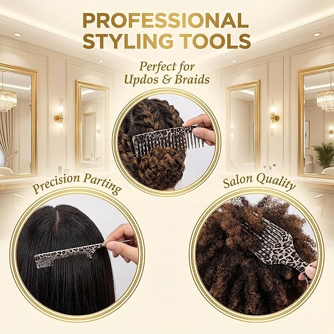 Wide Tooth Comb, Rat Tail Comb & Afro Pick Set, 3 Pcs Leopard Print Detangling Hair Combs for Curly Hair Wet Hair & Styling Professional Parting & Volumizing Tools for Women & Men