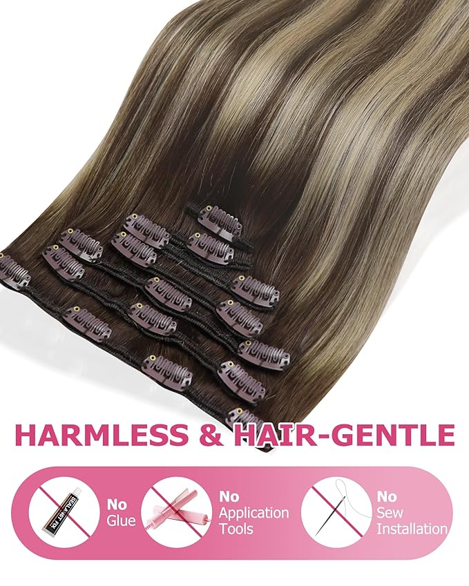 YoungSee 135G Clip in Hair Extensions Brown Balayage Clip in Extensions Real Human Hair Chocolate Brown with Ash Blonde Balayage Remy Hair Extension Clip ins Human Hair Full Head 16Inch 7pcs