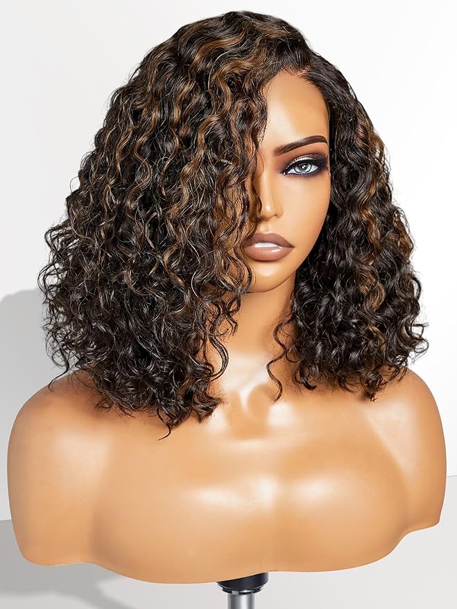 LUVME HAIR 12" Curly Glueless Wigs Human Hair Pre Plucked Pre Cut, Undetectable HD Lace Curly Bob Wig Human Hair Short Black Wig with Blonde Highlights Ready to Go Wig 180 Density