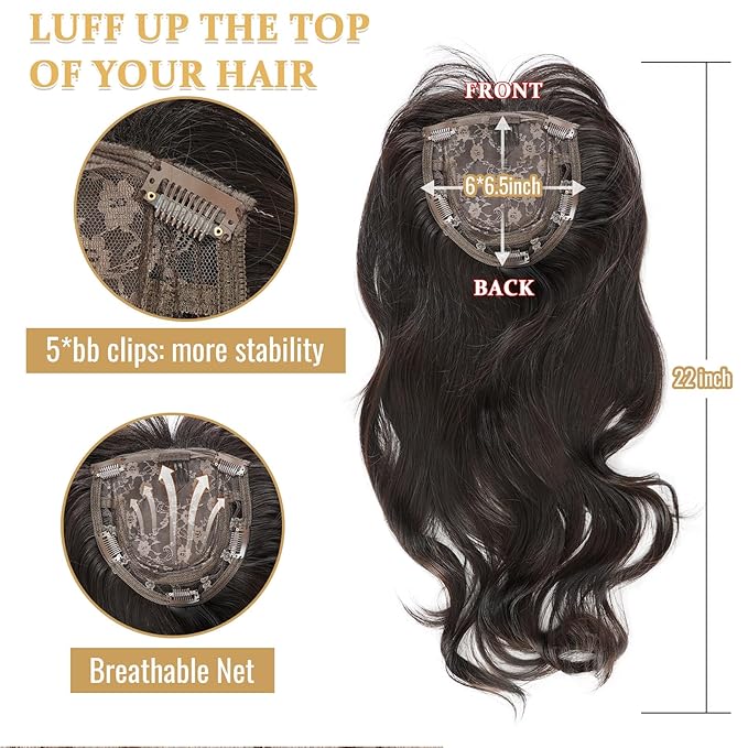 QUEENTAS 22" Curly Hair Topper for Women with Thinning Hair Daily Wear 360°3D Cover Up 6.5"*6" Fluffy Brown Wavy Hair Pieces with Bangs(Dark Brown)