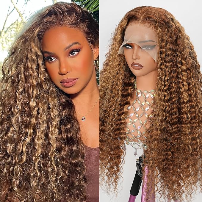 210% Density 13x6 Highlight Ombre Full Lace Frontal Wigs Human Hair 12A Deep Wave Brazilian Human Hair Pre Plucked 4/27 Honey Blonde HD Glueless Transparent Lace 18 Inch