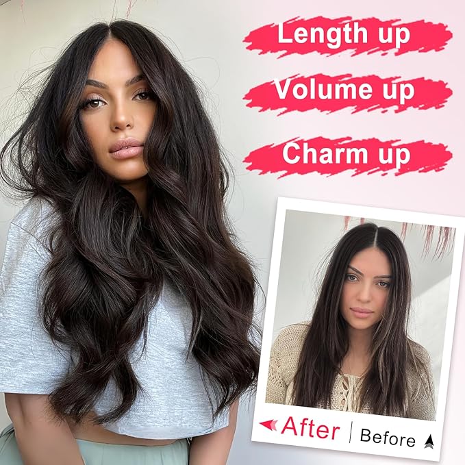 ALXNAN Clip in Hair Extensions,Natural Black Long Wavy Hair Extensions Soft Synthetic Thick Hairpieces for Women 20 Inch