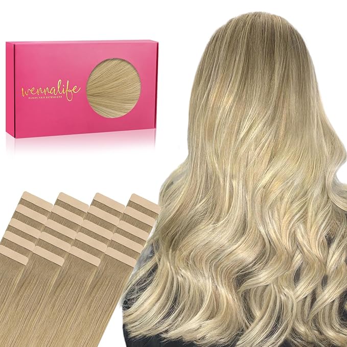 WENNALIFE Tape in Hair Extensions Human Hair, 20pcs 50g 22 inch Balayage Dirty Blonde to White Blonde Remy Hair Extensions Straight Human Hair Tape in Extensions Skin Weft Tape Extensions Human Hair