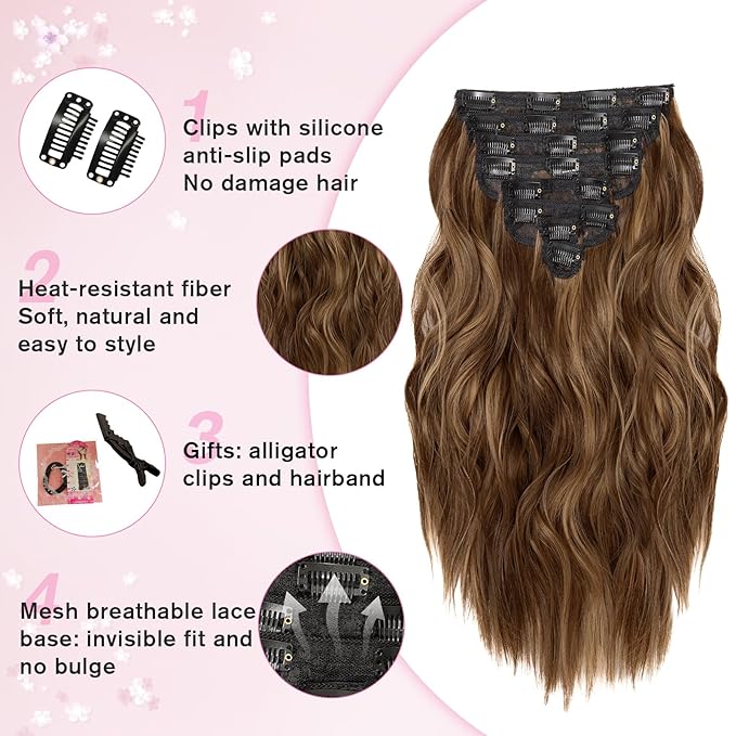 Hair Extensions for Women, 8PCS 16 Inch Curly Light Brown Clip in Hair Extensions Mix Blonde, Synthetic Wavy Full Head Thick Hairpieces for Women