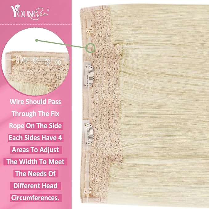 YoungSee Wire Human Hair Extensions Platinum Blonde Hair Extensions Invisible Wire Long Straight Hair Fish Line Extensions Dyable Remy Hair 100G 20 Inch