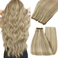 YoungSee 24Inch Weft Hair Extensions Human Hair Blonde Highlight Sew in Hair Extensions Golden Blonde Highlighted Dark Ash Blonde Smooth Double Weft Human Hair Extensions 100G