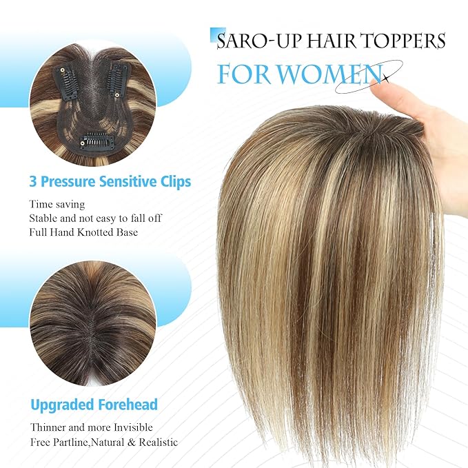 SARO-UP Human Hair Toppers for Women Real Human Hair pieces for Women with Thinning Hair pieces 7 * 10cm Hand-Tied Swiss Base Topper No Bangs 30g Hairpieces 10Inch (4T427#
