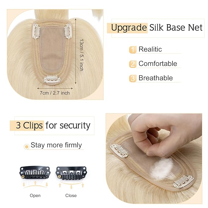 SEGO Hair Toppers for Women Real Human Hair With Bangs, 7 * 13CM Silk Base 100% Remy Human Hair Clip in Top Wiglet Hairpieces Add Volume -16 Inch Platinum Blonde