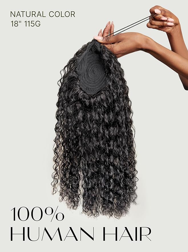 Frodio Clip in Ponytail Extension Human Hair for women 22 Inches Long Water Wave Curly Extension Ponytail Natural Color