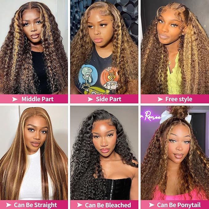 26 Inch Highlight Deep Wave Wig Human Hair Honey Blonde 13x6 HD Ombre Lace Front Wigs Human Hair Pre Plucked 200% Density Curly Lace Frontal Wigs For Women