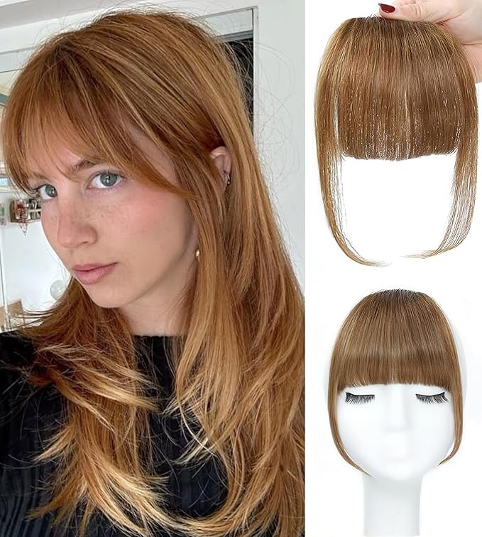 Clip in Bangs Light Brown Color 100% Real Human Hair Wispy Clip on Bangs Extensions Fringe with Temples Hairpieces for Women