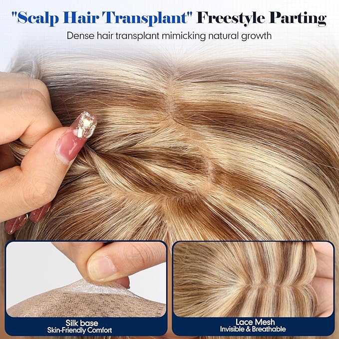 HAIRCUBE Hair Toppers For Women With Thinning 5"*5" Large Base Real Hair Toppers For Women, 14 Inch For Hand-Woven, 60g, Silk, Natural, Realistic, Use Daily, Hairloss, Brown Mixed Blonde, with bangs