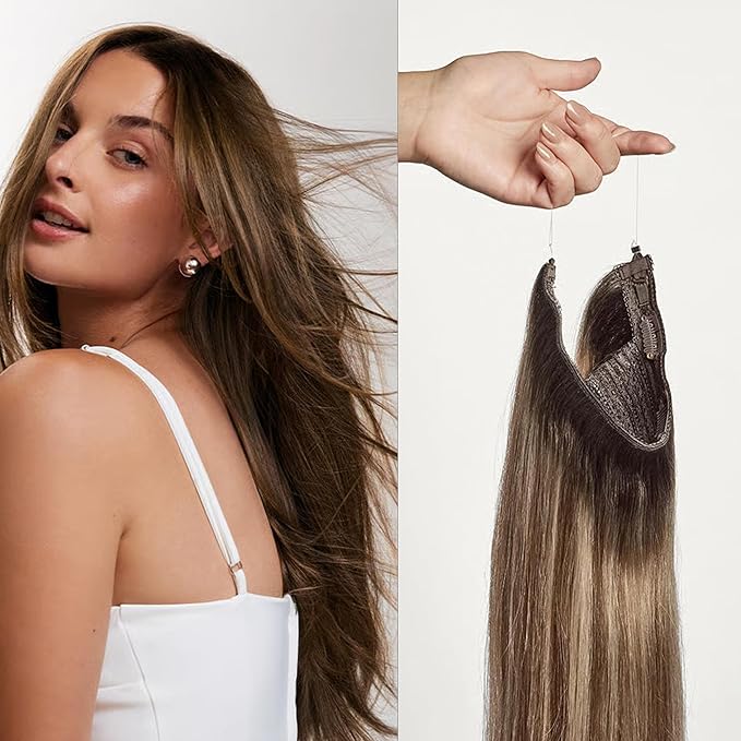 Luxy 100% Remy Human Hair – Halo Clip-In Hair Extensions –Natural Looking Volume & Length - One-Piece - Easy 5-Min Application 180 grams 20" Dimensional Rooted Sunkissed Brown