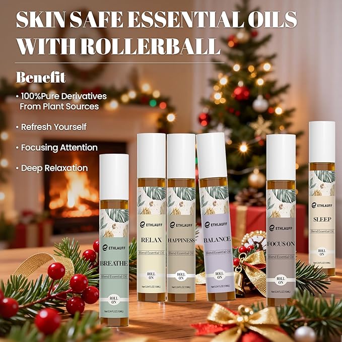 Essential Oils Roll On Set 6 Pack - (Relax, Sleep, Balance,Breathe, Focus on, Happiness) Aromatherapy Oil with Roller Ball, Essential Oils Blends for Skin - Relaxation Gift for Women and Men