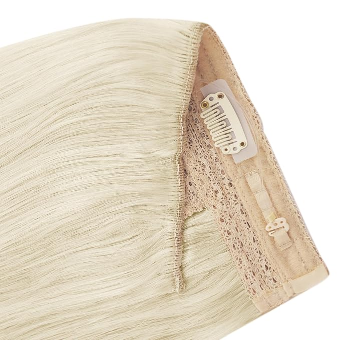 YoungSee Wire Hair Extensions Blonde Invisible Wire Hair Extensions Real Human Hair Platinum Blonde Dyable Headband Hair Extensions for Women 12In 70G