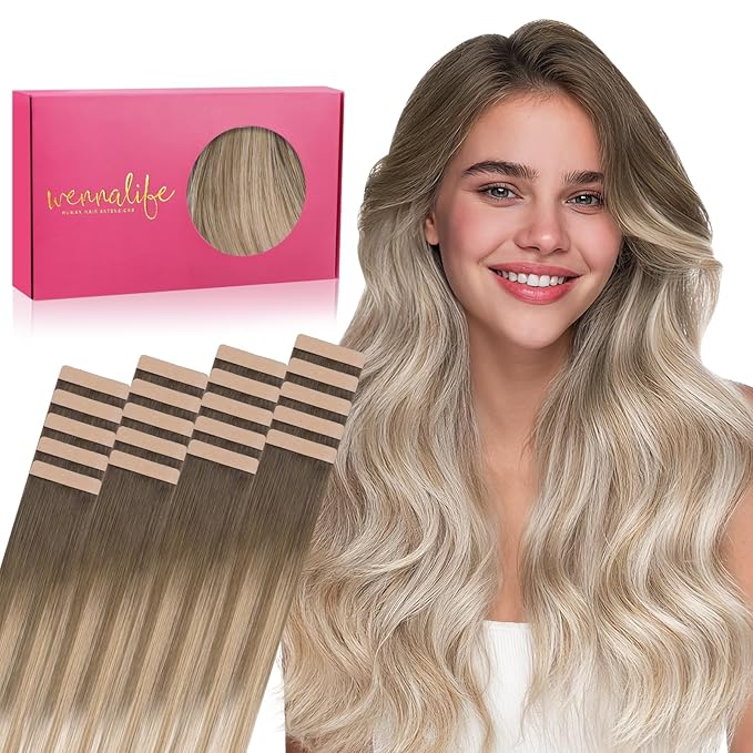 WENNALIFE Tape in Hair Extensions Human Hair, 20pcs 50g 20 inch Balayage Sandy Brown to Platinum Blonde Remy Hair Extensions for Women Tape Ins Straight Extensiones De Cabello Humano Skin Weft