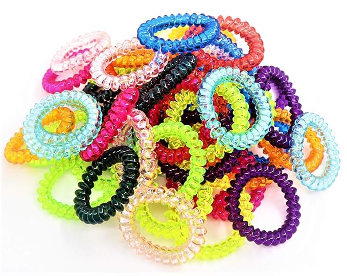 79STYLE 50pcs Spiral Hair Ties For Women Phone Cord Ponytail Holders Colorful Hair Coils Plastic Scrunchies Bulk Hair Ties Coil Hair Bands Bracelets For Grils (Crystal10 Colors -Large Size)